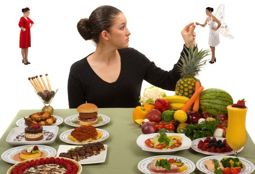 The girl makes a choice between useful or harmful products